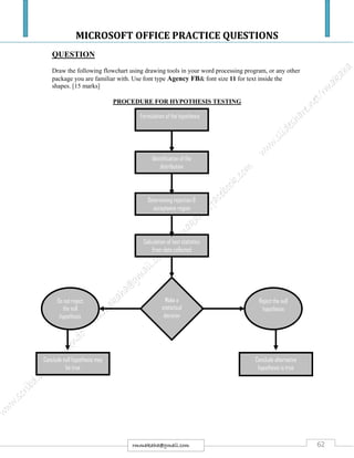 MICROSOFT OFFICE PRACTICE QUESTIONS
62rmmakaha@gmail.com
QUESTION
Draw the following flowchart using drawing tools in your word processing program, or any other
package you are familiar with. Use font type Agency FB& font size 11 for text inside the
shapes. [15 marks]
PROCEDURE FOR HYPOTHESIS TESTING
Formulation of the hypothesis
Identification of the
distribution
Determining rejection &
acceptance region
Calculation of test statistics
from data collected
Make a
statistical
decision
Do not reject
the null
hypothesis
Reject the null
hypothesis
Conclude null hypothesis may
be true
Conclude alternative
hypothesis is true
 