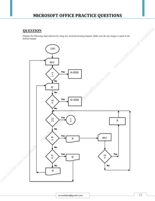 MICROSOFT OFFICE PRACTICE QUESTIONS
63rmmakaha@gmail.com
QUESTION
Display the following chart attractively using any word-processing program. Make sure the top margin is equal to the
bottom margin.
No
Yes
Yes
Yes
Yes
No
No
No
No
No
Yes
No
Yes
START
INPUT
END
OF
INPUT
N1=99999
N2
ST
OP
N2
N1 INPUT
N1
END
OF
BF
END
OF
FIL
N1<
N2
N1=
N2
N1=99
999 &
N2=99
999
N2
N2=99999
 