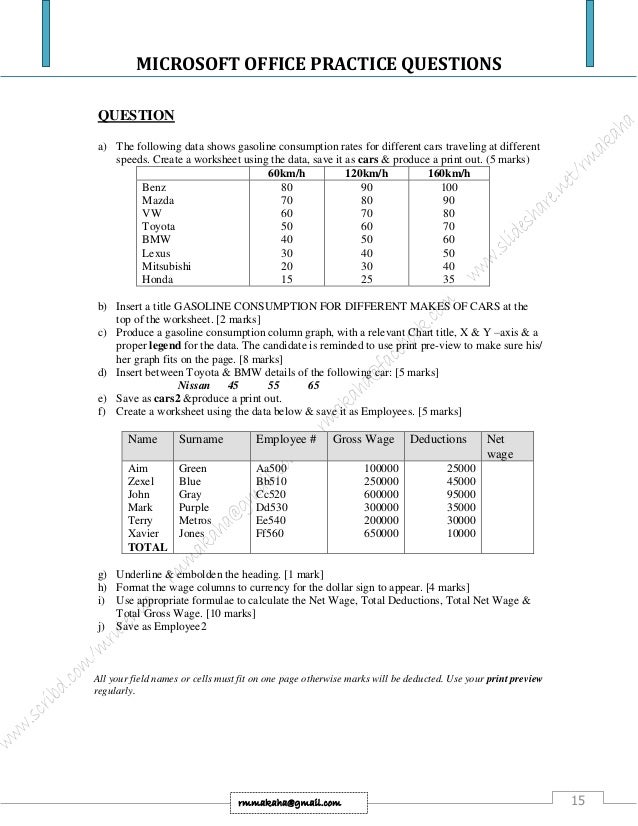 advanced excel practical exam questions