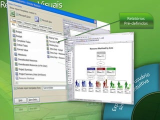 Relatórios VisuaisExperiência de usuáriosimples e intuitivaColaboração e RelatóriosaprimoradosPlataformadimensionável e conectadaRelatórios Pré-definidosGerenciamento de projeto e de portfólio unificado