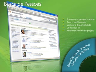 Busca de PessoasEncontrar as pessoascorretasCom o perfilcorretoVerificar a disponibilidadeComunicar-seAdicionarao time do projetoExperiência de usuáriosimples e intuitivaColaboração e RelatóriosaprimoradosPlataformadimensionável e conectadaGerenciamento de projeto e de portfólio unificado