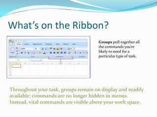 What’s on the Ribbon?
                                      Groups pull together all
                                      the commands you’re
                                      likely to need for a
                                      particular type of task.




Throughout your task, groups remain on display and readily
available; commands are no longer hidden in menus.
Instead, vital commands are visible above your work space.
 