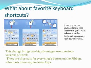 What about favorite keyboard
shortcuts?
                                             If you rely on the
                                             keyboard more than
                                             the mouse, you’ll want
                                             to know that the
                                             Ribbon design comes
                                             with new shortcuts.




This change brings two big advantages over previous
versions of Excel:
-There are shortcuts for every single button on the Ribbon.
-Shortcuts often require fewer keys.
 