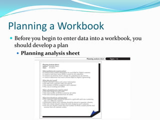 Planning a Workbook
 Before you begin to enter data into a workbook, you
 should develop a plan
   Planning analysis sheet
 