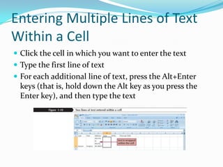 Entering Multiple Lines of Text
Within a Cell
 Click the cell in which you want to enter the text
 Type the first line of text
 For each additional line of text, press the Alt+Enter
  keys (that is, hold down the Alt key as you press the
  Enter key), and then type the text
 