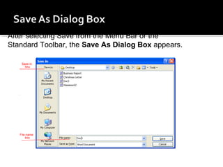 After selecting Save from the Menu Bar or the 
Standard Toolbar, the Save As Dialog Box appears. 
 