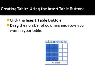 Click the Insert Table Button 
Drag the number of columns and rows you 
want in your table. 
 