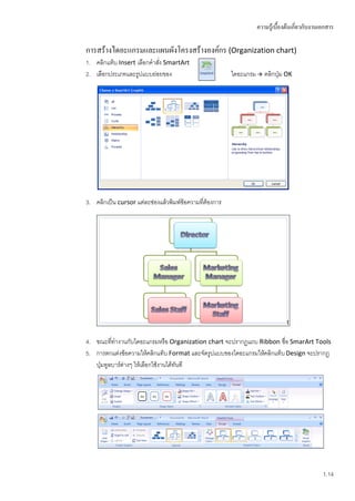ความรู้เบื้องต้นเกี่ยวกับงานเอกสาร

การสร้างไดอะแกรมและแผนผังโครงสร้างองค์กร (Organization chart)
1. คลิกแท็บ Insert เลือกคาสัง SmartArt
                            ่
2. เลือกประเภทและรูปแบบย่อยของ                          ไดอะแกรม  คลิกปุ่ม OK




3. คลิกเป็น cursor แต่ละช่องแล้วพิมพ์ข้อความทีต้องการ
                                              ่




4. ขณะที่ทางานกับไดอะแกรมหรือ Organization chart จะปรากฏแถบ Ribbon ชื่อ SmarArt Tools
5. การตกแต่งข้อความให้คลิกแท็บ Format และจัดรูปแบบของไดอะแกรมให้คลิกแท็บ Design จะปรากฏ
   ปุ่มทูลบาร์ต่างๆ ให้เลือกใช้งานได้ทันที




                                                                                              1.14
 