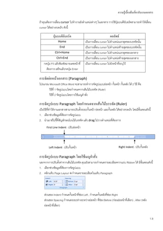 ความรู้เบื้องต้นเกี่ยวกับงานเอกสาร

ถ้าคุณต้องการเลื่อน cursor ไปทางานยังตาแหน่งต่างๆ ในเอกสาร การใช้ปุ่มบนคีย์บอร์ดสามารถทาให้เลื่อน
cursor ได้อย่างรวดเร็ว ดังนี้

             ปุ่มบนคีย์บอร์ด                                       ผลลัพธ์
                 Home                      เป็นการเลื่อน cursor ไปตาแหน่งแรกสุดของบรรทัดนั้น
                   End                     เป็นการเลื่อน cursor ไปตาแหน่งท้ายสุดของบรรทัดนั้น
              Ctrl+Home                    เป็นการเลื่อน cursor ไปตาแหน่งแรกสุดของเอกสาร
                Ctrl+End                   เป็นการเลื่อน cursor ไปตาแหน่งท้ายสุดของเอกสาร
    กดปุ่ม F5 แล้วพิมพ์หมายเลขหน้าที่      เป็นการเลื่อน cursor ไปยังหน้าที่ระบุไว้
      ต้องการ เสร็จแล้วกดปุ่ม Enter

การจัดย่อหน้าเอกสาร (Paragraph)
โปรแกรม Microsoft Office Word จะสามารถทาการจัดรูปแบบย่อหน้า กั้นหน้า กั้นหลัง ได้ 2 วิธี คือ
       วิธีที่ 1 จัดรูปแบบโดยกาหนดจากเส้นไม้บรรทัด (Ruler)
       วิธีที่ 2 จัดรูปแบบโดยการใช้เมนูคาสั่ง

การจัดรูปแบบ Paragraph โดยกาหนดจากเส้นไม้บรรทัด (Ruler)
เป็นวิธีที่ทาให้งานเอกสารสามารถปรับตั้งระยะกั้นหน้า ย่อหน้า และกั้นหลัง ได้อย่างรวดเร็ว โดยมีขั้นตอนดังนี้
1. เลือกช่วงข้อมูลทีต้องการจัดรูปแบบ
                      ่
2. นาเมาส์ไปชี้ที่สัญลักษณ์บนไม้บรรทัด แล้ว drag ไปวางตาแหน่งที่ต้องการ
      First Line Indent - ปรับย่อหน้า




        Left Indent - ปรับกั้นหน้า                                         Right Indent - ปรับกั้นหลัง


การจัดรูปแบบ Paragraph โดยใช้เมนูคาสั่ง
นอกจากการปรับตังค่าจากเส้นไม้บรรทัด คุณยังสามารถกาหนดรายละเอียดจากแถบ Ribbon ได้ มีขั้นตอนดังนี้
                 ้
1. เลือกช่วงข้อมูลทีต้องการจัดรูปแบบ
                    ่
2. คลิกแท็บ Page Layout  กาหนดรายละเอียดในแท็บ Paragraph




    ส่วนของ Indent กาหนดกั้นหน้าที่ช่อง Left , กาหนดกั้นหลังที่ช่อง Right
    ส่วนของ Spacing กาหนดระยะห่างระหว่างย่อหน้า ที่ช่อง Before (ก่อนย่อหน้าที่เลือก) , After (หลัง
    ย่อหน้าที่เลือก)


                                                                                                         1.9
 