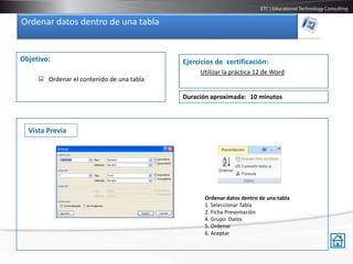 Ordenar datos dentro de una tabla


Objetivo:                                  Ejercicios de certificación:
                                                Utilizar la práctica 12 de Word
      Ordenar el contenido de una tabla

                                           Duración aproximada: 10 minutos



  Vista Previa




                                                  Ordenar datos dentro de una tabla
                                                  1. Seleccionar Tabla
                                                  2. Ficha Presentación
                                                  4. Grupo Datos
                                                  5. Ordenar
                                                  6. Aceptar
 
