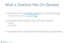 What is OneDrive Files On-Demand
• Simplicity of the NetworkShare for Cloud Storage
• OneDrive AND TeamSites
• Bring the Power of the Cloud to File Explorer
• Activity
• Thumbnails
• Full application compatibility with legacy applications
 