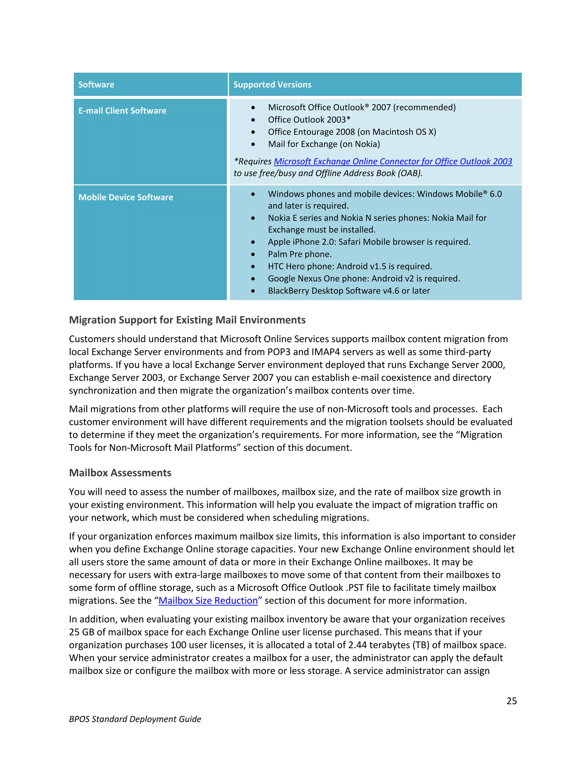 Software                             Supported Versions

  E-mail Client Software                       Microsoft Office Outlook® 2007 (recommended)
                                               Office Outlook 2003*
                                               Office Entourage 2008 (on Macintosh OS X)
                                               Mail for Exchange (on Nokia)
                                       *Requires Microsoft Exchange Online Connector for Office Outlook 2003
                                       to use free/busy and Offline Address Book (OAB).

  Mobile Device Software                       Windows phones and mobile devices: Windows Mobile® 6.0
                                                and later is required.
                                               Nokia E series and Nokia N series phones: Nokia Mail for
                                                Exchange must be installed.
                                               Apple iPhone 2.0: Safari Mobile browser is required.
                                               Palm Pre phone.
                                               HTC Hero phone: Android v1.5 is required.
                                               Google Nexus One phone: Android v2 is required.
                                               BlackBerry Desktop Software v4.6 or later


Migration Support for Existing Mail Environments
Customers should understand that Microsoft Online Services supports mailbox content migration from
local Exchange Server environments and from POP3 and IMAP4 servers as well as some third-party
platforms. If you have a local Exchange Server environment deployed that runs Exchange Server 2000,
Exchange Server 2003, or Exchange Server 2007 you can establish e-mail coexistence and directory
synchronization and then migrate the organization’s mailbox contents over time.
Mail migrations from other platforms will require the use of non-Microsoft tools and processes. Each
customer environment will have different requirements and the migration toolsets should be evaluated
to determine if they meet the organization’s requirements. For more information, see the “Migration
Tools for Non-Microsoft Mail Platforms” section of this document.

Mailbox Assessments
You will need to assess the number of mailboxes, mailbox size, and the rate of mailbox size growth in
your existing environment. This information will help you evaluate the impact of migration traffic on
your network, which must be considered when scheduling migrations.
If your organization enforces maximum mailbox size limits, this information is also important to consider
when you define Exchange Online storage capacities. Your new Exchange Online environment should let
all users store the same amount of data or more in their Exchange Online mailboxes. It may be
necessary for users with extra-large mailboxes to move some of that content from their mailboxes to
some form of offline storage, such as a Microsoft Office Outlook .PST file to facilitate timely mailbox
migrations. See the “Mailbox Size Reduction” section of this document for more information.
In addition, when evaluating your existing mailbox inventory be aware that your organization receives
25 GB of mailbox space for each Exchange Online user license purchased. This means that if your
organization purchases 100 user licenses, it is allocated a total of 2.44 terabytes (TB) of mailbox space.
When your service administrator creates a mailbox for a user, the administrator can apply the default
mailbox size or configure the mailbox with more or less storage. A service administrator can assign

                                                                                                           25
BPOS Standard Deployment Guide
 