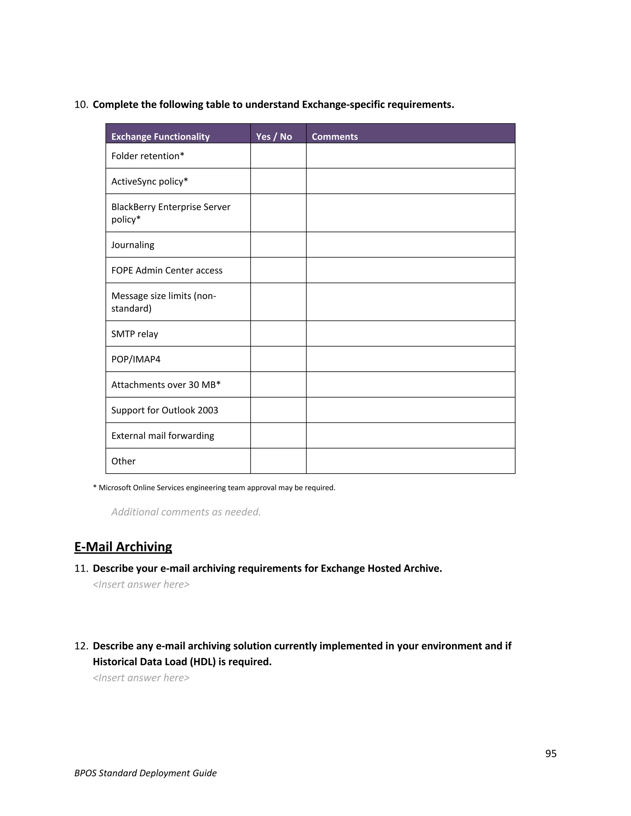 10. Complete the following table to understand Exchange-specific requirements.

        Exchange Functionality                    Yes / No        Comments
        Folder retention*

        ActiveSync policy*

        BlackBerry Enterprise Server
        policy*

        Journaling

        FOPE Admin Center access

        Message size limits (non-
        standard)

        SMTP relay

        POP/IMAP4

        Attachments over 30 MB*

        Support for Outlook 2003

        External mail forwarding

        Other

   * Microsoft Online Services engineering team approval may be required.


        Additional comments as needed.


E-Mail Archiving
11. Describe your e-mail archiving requirements for Exchange Hosted Archive.
    <Insert answer here>




12. Describe any e-mail archiving solution currently implemented in your environment and if
    Historical Data Load (HDL) is required.
    <Insert answer here>




                                                                                              95
BPOS Standard Deployment Guide
 
