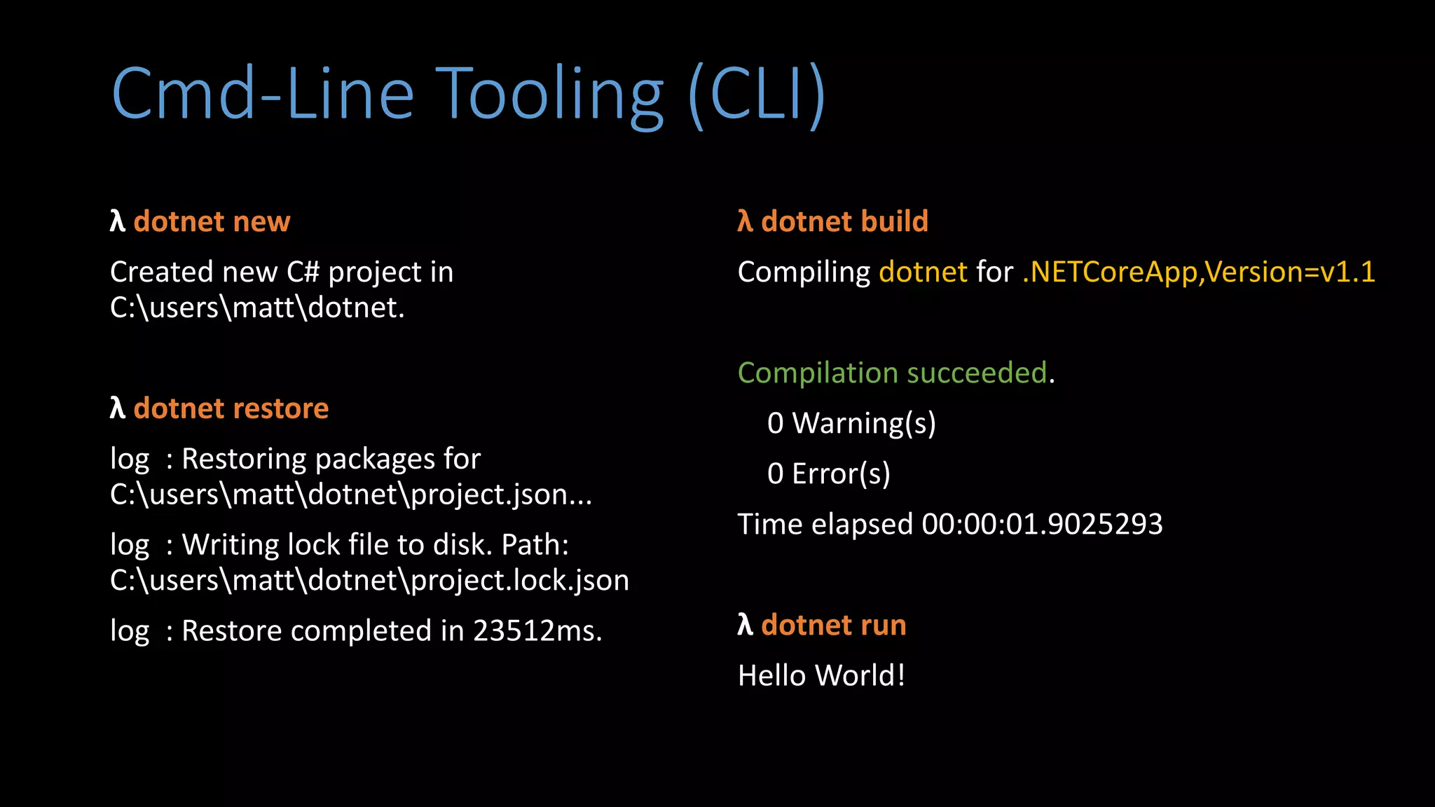 Cmd-Line Tooling (CLI)
λ dotnet new
Created new C# project in
C:usersmattdotnet.
λ dotnet restore
log : Restoring packages for
C:usersmattdotnetproject.json...
log : Writing lock file to disk. Path:
C:usersmattdotnetproject.lock.json
log : Restore completed in 23512ms.
λ dotnet build
Compiling dotnet for .NETCoreApp,Version=v1.1
Compilation succeeded.
0 Warning(s)
0 Error(s)
Time elapsed 00:00:01.9025293
λ dotnet run
Hello World!
 