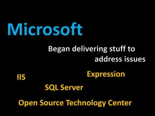 MicrosoftBegan delivering stuff to address issuesExpressionIISSQL ServerOpen Source Technology Center