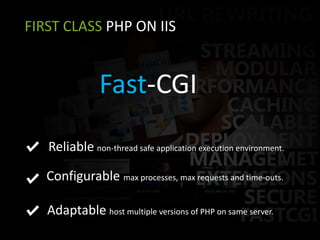 FIRST CLASS PHP ON IISFast-CGIReliablenon-thread safe application execution environment.Configurable max processes, max requests and time-outs. Adaptablehost multiple versions of PHP on same server. 