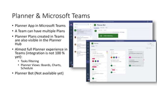 Planner & Microsoft Teams
• Planner App in Microsoft Teams
• A Team can have multiple Plans
• Planner Plans created in Teams
are also visible in the Planner
Hub
• Almost full Planner experience in
Teams (integration is not 100 %
yet):
• Tasks filtering
• Planner Views: Boards, Charts,
Schedule
• Planner Bot (Not available yet)
 
