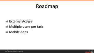 WWW.COLLAB365.EVENTS
Roadmap
External Access
Multiple users per task
Mobile Apps
 