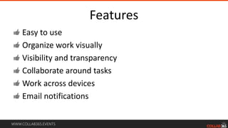 WWW.COLLAB365.EVENTS
Features
Easy to use
Organize work visually
Visibility and transparency
Collaborate around tasks
Work across devices
Email notifications
 
