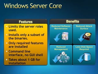 BenefitsFeaturesWindows Server CoreLimits the server roles used. Installs only a subset of the binaries. Only required features are installedCommand line interface, no GUI shellTakes about 1 GB for installationReduced Software MaintenanceReduced Attack SurfaceReduced ManagementLess Disk Space Required
