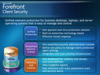 Unified malware protection for business desktops, laptops, and server operating systems that is easy to manage and control One spyware and virus protection solutionBuilt on protection technology based Effective threat responseUnifiedProtectionOne simplified security administration consoleDefine one policy to manage client protectionagent settings Integrates with your existing infrastructureSimplifiedAdminis-trationOne dashboard for visibility into threatsand vulnerabilitiesView insightful reportsStay informed with state assessment scansand security alertsVisibilityandControl
