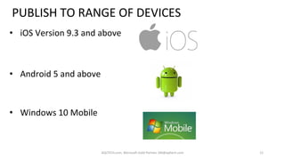 PUBLISH TO RANGE OF DEVICES
• iOS Version 9.3 and above
• Android 5 and above
• Windows 10 Mobile
12AQLTECH.com, Microsoft Gold Partner, SM@aqltech.com
 