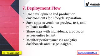 7. Deployment Flow
• Use development and production
environments for lifecycle separation.
• Save apps as versions: preview, test, and
rollback available.
• Share apps with individuals, groups, or
across entire tenant.
• Monitor performance via analytics
dashboards and usage insights.
www.visualpath.in
+91-7032290546
 