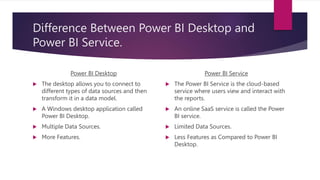 Difference Between Power BI Desktop and
Power BI Service.
Power BI Desktop
 The desktop allows you to connect to
different types of data sources and then
transform it in a data model.
 A Windows desktop application called
Power BI Desktop.
 Multiple Data Sources.
 More Features.
Power BI Service
 The Power BI Service is the cloud-based
service where users view and interact with
the reports.
 An online SaaS service is called the Power
BI service.
 Limited Data Sources.
 Less Features as Compared to Power BI
Desktop.
 