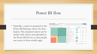 Power BI flow
• Typically, a report is prepared at the
Power BI Desktop, where the flow
begins. This prepared report can be
shared with others and uploaded to
the Power BI Service so that people
can access it from mobile apps.
 