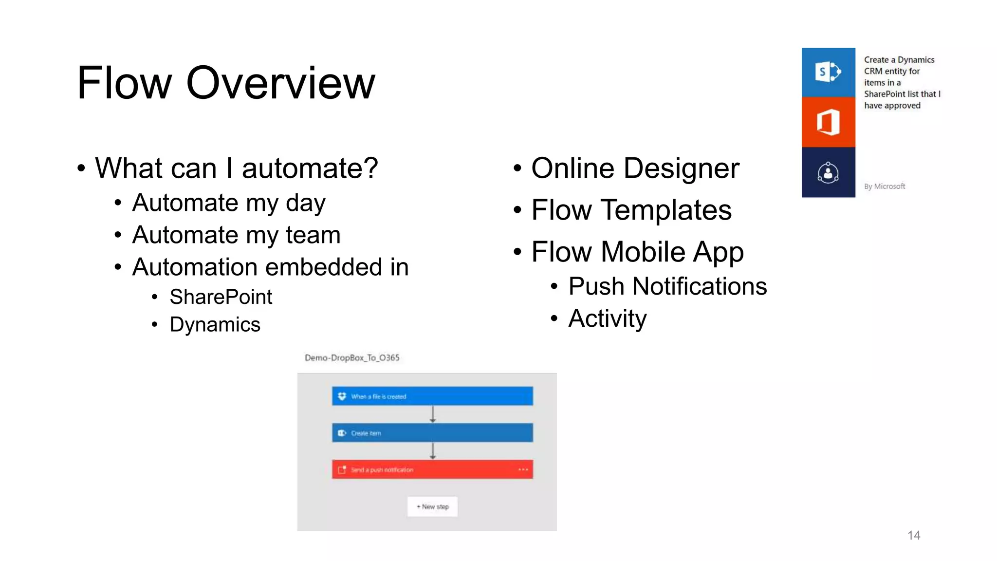Flow Overview
• What can I automate?
• Automate my day
• Automate my team
• Automation embedded in
• SharePoint
• Dynamics
• Online Designer
• Flow Templates
• Flow Mobile App
• Push Notifications
• Activity
14
 
