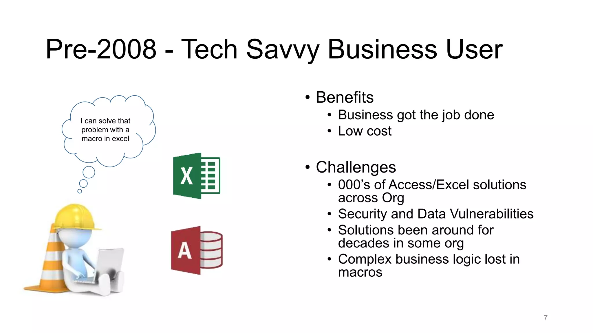 Pre-2008 - Tech Savvy Business User
• Benefits
• Business got the job done
• Low cost
• Challenges
• 000’s of Access/Excel solutions
across Org
• Security and Data Vulnerabilities
• Solutions been around for
decades in some org
• Complex business logic lost in
macros
7
I can solve that
problem with a
macro in excel
 