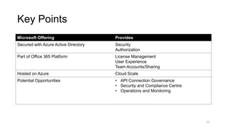 Microsoft Offering Provides
Secured with Azure Active Directory Security
Authorization
Part of Office 365 Platform License Management
User Experience
Team Accounts/Sharing
Hosted on Azure Cloud Scale
Potential Opportunities • API Connection Governance
• Security and Compliance Centre
• Operations and Monitoring
37
Key Points
 