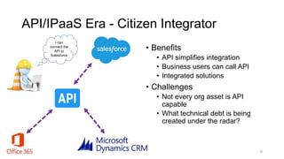 API/IPaaS Era - Citizen Integrator
• Benefits
• API simplifies integration
• Business users can call API
• Integrated solutions
• Challenges
• Not every org asset is API
capable
• What technical debt is being
created under the radar?
9
I can
connect the
API to
Salesforce
 