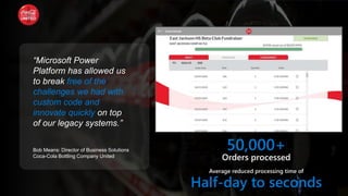 “Microsoft Power
Platform has allowed us
to break free of the
challenges we had with
custom code and
innovate quickly on top
of our legacy systems.”
Bob Means: Director of Business Solutions
Coca-Cola Bottling Company United
50,000+
Orders processed
Average reduced processing time of
Half-day to seconds
 