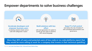 Empower departments to solve business challenges
Accelerate developers and
empower business users
to develop solutions faster and at
scale with safeguards in place.
Build solutions with less
effort
with next generation AI copilot to
quickly go from idea to solutions
with natural language.
Keep IT in full control
and reduce the risk of shadow IT
with centralized administration and
governance.
Sources: Low-Code Trend Report 2022 - Microsoft Power Platform Blog
More than 80% of users and potential users of low-code or no-code platforms report that
they would be more willing to work for a company that invests in their technical upskilling.1
 