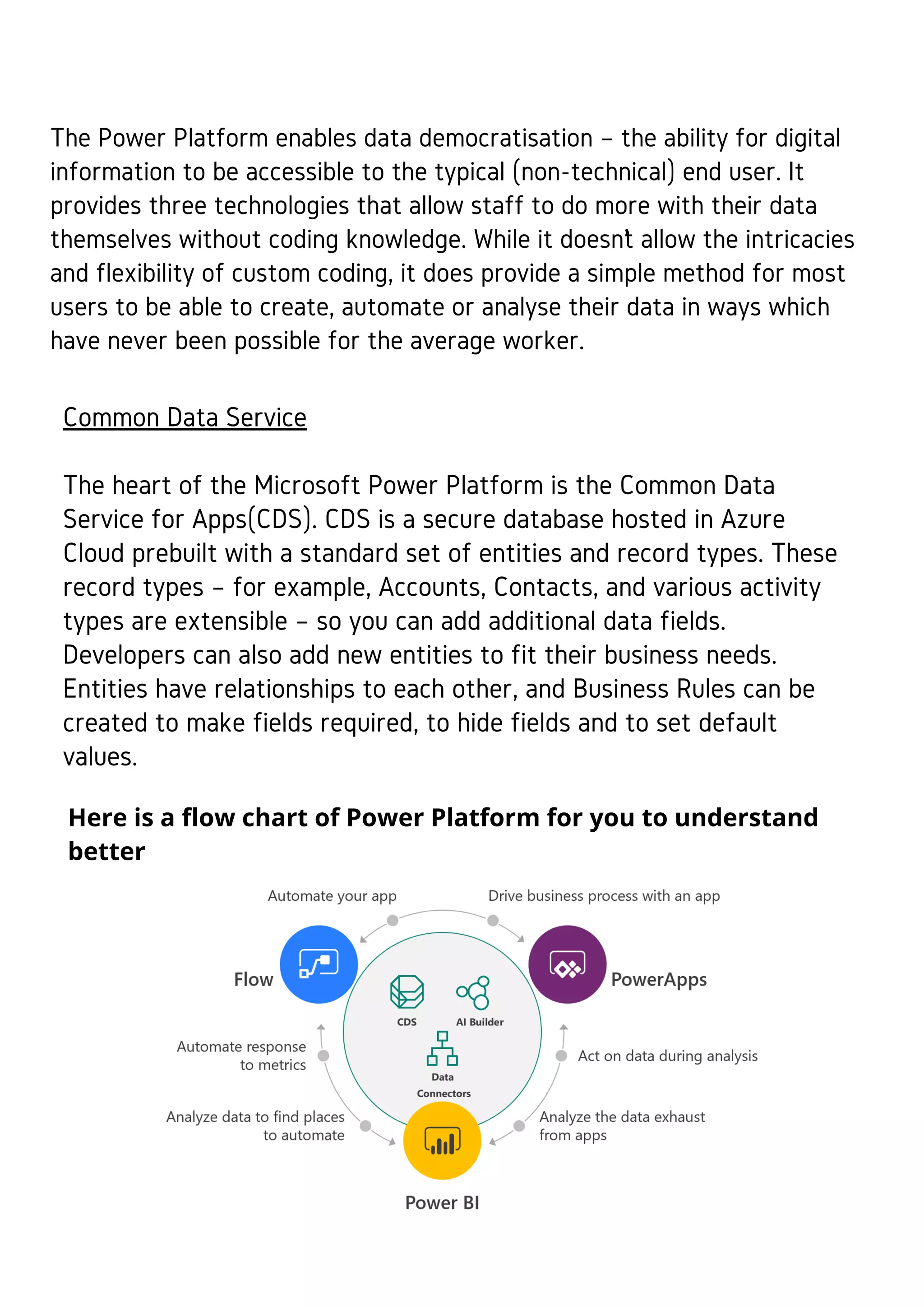 The Power Platform enables data democratisation – the ability for digital
information to be accessible to the typical (non-technical) end user. It
provides three technologies that allow staff to do more with their data
themselves without coding knowledge. While it doesn’t allow the intricacies
and flexibility of custom coding, it does provide a simple method for most
users to be able to create, automate or analyse their data in ways which
have never been possible for the average worker.
Common Data Service
The heart of the Microsoft Power Platform is the Common Data
Service for Apps(CDS). CDS is a secure database hosted in Azure
Cloud prebuilt with a standard set of entities and record types. These
record types – for example, Accounts, Contacts, and various activity
types are extensible – so you can add additional data fields.
Developers can also add new entities to fit their business needs.
Entities have relationships to each other, and Business Rules can be
created to make fields required, to hide fields and to set default
values.
Here is a flow chart of Power Platform for you to understand
better
 