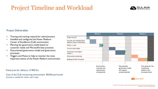 Project Timeline and Workload
Week 1 Week 2 Week 3
Project kick-off
Pre-tasks and Installing Power
Platform Center of Excellence
Admin in a day
Current state analyze
Governance and support
model *1
Environment monitoring
Building the Alert Processes
*1 Governance and support model includes the planning and documenting of all the areas mentioned in the
description of Governance Planning phase.
Environment
overview and
administrator
training done.
Documented
governance model
and support
process planned.
First phase for the
monitoring
platform and
processes done.
Project Deliverables
• Training and training material for administrators
• Installed and configured the Power Platform
Center of Excellence (CoE) environment
• Planning the governance model based on
customer needs and Microsoft’s best practices
• Documented governance model and governance
processes
• Triggers and Flows to help to monitor the most
important events of the Power Platform environment
Fixed price for delivery: 14 900 Eur
Cost of the CoE monitoring environment €8,40/user/month
(License is needed for admin users only)
 