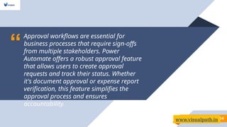“
Approval workflows are essential for
business processes that require sign-offs
from multiple stakeholders. Power
Automate offers a robust approval feature
that allows users to create approval
requests and track their status. Whether
it's document approval or expense report
verification, this feature simplifies the
approval process and ensures
accountability.
14
www.visualpath.in
 