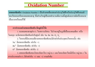 Oxidation Number
                ( Oxidation Number )                                                 F
                                                          F         F                    F
                     F

                 F
       1.                          F                                     FF     F
                                       F                      F F Na Be He O2 S8
       2.                                                                 F F                        F
Na+                                        F             +1
Be2+                                           F          +2
O2-                            F                        -2
       3.                                                               (   F IA )           F F (   F IIA )
            F            F F                       +1          +2
 