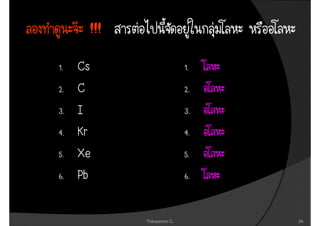 !!!
1.   Cs                    1.
2.   C                     2.
3.   I                     3.
4.   Kr                    4.
5.   Xe                    5.
6.   Pb                    6.


            Thanyamon C.        24
 