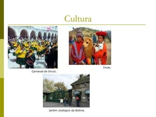 Cultura
Carnaval de Oruro.
Incas.
Jardim zoologico da Bolívia.
 