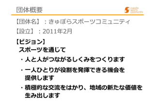 団体概要 
【団体名】︓きゅぽらスポーツコミュニティ 
【設⽴】︓2011年2月 
【ビジョン】 
スポーツを通じて 
・人と人がつながるしくみをつくります 
・一人ひとりが役割を発揮できる機会を 
提供します 
・積極的な交流をはかり、地域の...
