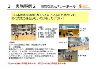 ３．実施事例２ 国際交流×バレーボール 
川口市は外国籍の方が2万人以上いるにも関わらず、 
⽂化交流の機会がないのはもったいない︕ 
<詳細> 
月2〜3回の定期的に開催、外国籍の方は全体 
の1〜2割程度。 
英語のみチームや、休憩時間にお題(海外で役⽴つフレー 
ズ、⾏ったことある国、川⼝市在住の外国籍ベスト5 
など)に対して話し合う時間を設けています。参加者から 
バスケットや、バトミントン、卓球などの希望があり、 
準定期開催になりつつあります。 
バスケット 
ボール 
バトミントン 
卓球へ発展 
<概要> 
●日時︓土日午後／平日夜 
2〜4時間 
●場所︓主に並⽊公⺠館 
●⼈数︓10〜20名/回 
●参加費︓1000円/回 
バレー→2011年7月スタート、バスケ→2012年8月スタート 
 