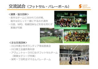 交流試合（フットサル・バレーボール） 
＜連携・協⼒団体＞ 
・前半はチームに分かれての対戦、 
後半は交じって⼀緒にやるのが通例 
・⾏政、NPO、地縁団体など形態を問わず 
実施が可能 
＜主な交流団体＞ 
・川⼝市⻘少年ボランティア育成委員会 
・川⼝商⼯会議所⻘年部 
・アヴェントゥーラ川⼝⼥⼦フットサルチーム 
（関東⼥⼦リーグ所属） 
・栄町一丁目町会ママさんバレーチーム 
 