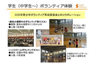 学⽣（中学⽣〜）ボランティア体験 
川口市青少年ボランティア育成委員会とのコラボレーション 
<夏休み期間中のボランティア受け入れ> 
●期間：夏休み期間中に1日からOK 
●人数：5名前後 
<ハイスクールボランティアカフェ> 
●場所：芝園中学校（廃校） 
●人数：15名前後 
子どもと一緒に 
遊ぶ活動など 
大縄跳びやドッジボール 
などを通じた国際交流 
活動 
 