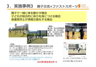 ３．実施事例3 親子交流×ファストスポーツ 
親子で一緒に体を動かす機会 
⼦どもが総合的に体⼒を⾝につける機会 
保護者同士が情報交換をする機会 
<概要> 
●⽇時︓休⽇2時間程度 
●場所︓春・秋は屋外 
（夏・冬は並⽊公⺠館） 
●⼈数︓5組前後/回 
●参加費︓600円/回 
<詳細> 
公園での球技禁止により、運動の基本動作(投げる/蹴る)の減 
少、ゲームの普及により、みんなで何かをやる/コミュニケー 
ションを取る機会が少なくなってきています。 
新聞を使ったボール投げ、リングビー(スポンジ状でできたフ 
リスビー)など、遊びながら色々な動作をする、親子で遊べる 
ゲームなどをしています。 
※”ファストスポーツ”のファストはファストフードやファス 
トファッションで使うファストと同義です 
ユーチューブよりプロモーション 
ビデオがご覧いただけます 
2011年9月正式スタート
 