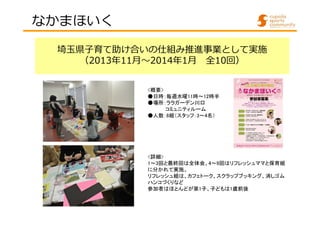 埼玉県子育て助け合いの仕組み推進事業として実施 
（2013年11⽉〜2014年1月全10回） 
<概要> 
●日時：毎週水曜11時～12時半 
●場所：ララガーデン川口 
コミュニティルーム 
●人数：8組（スタッフ：3～4名） 
<詳細> 
1～3回と最終回は全体会、4～9回はリフレッシュママと保育組 
に分かれて実施。 
リフレッシュ組は、カフェトーク、スクラップブッキング、消しゴム 
ハンコづくりなど 
参加者はほとんどが第1子、子どもは1歳前後 
なかまほいく 
 