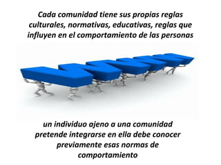 Cada comunidad tiene sus propias reglas
 culturales, normativas, educativas, reglas que
influyen en el comportamiento de las personas




    un individuo ajeno a una comunidad
  pretende integrarse en ella debe conocer
        previamente esas normas de
              comportamiento
 
