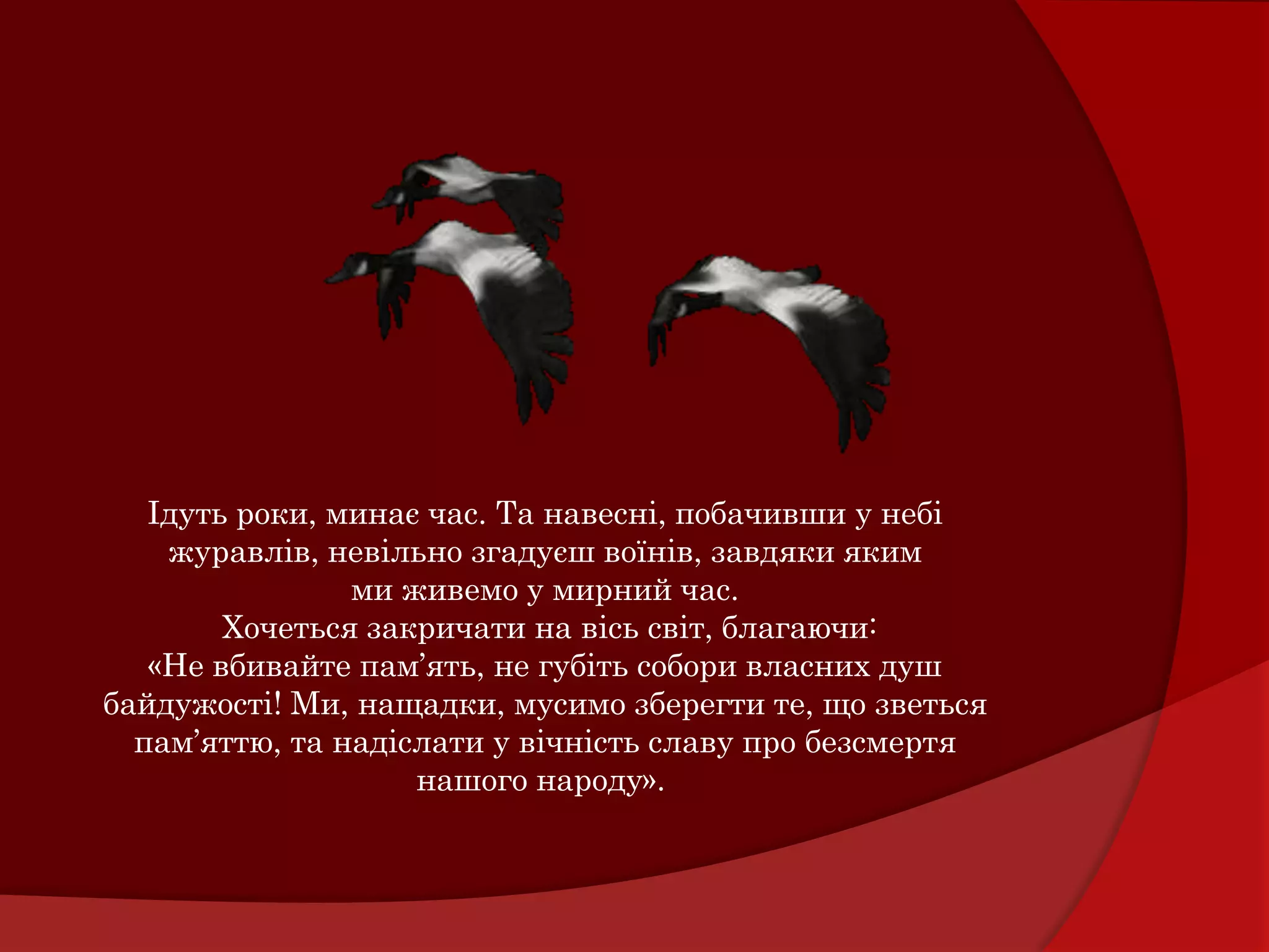 Ідуть роки, минає час. Та навесні, побачивши у небі
    журавлів, невільно згадуєш воїнів, завдяки яким
                ми живемо у мирний час.
        Хочеться закричати на вісь світ, благаючи:
   «Не вбивайте пам’ять, не губіть собори власних душ
байдужості! Ми, нащадки, мусимо зберегти те, що зветься
  пам’яттю, та надіслати у вічність славу про безсмертя
                    нашого народу».
 