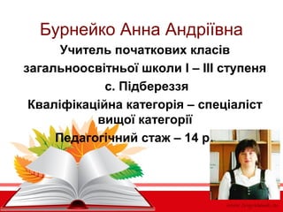 Бурнейко Анна Андріївна
Учитель початкових класів
загальноосвітньої школи І – ІІІ ступеня
с. Підбереззя
Кваліфікаційна категорія – спеціаліст
вищої категорії
Педагогічний стаж – 14 років

 